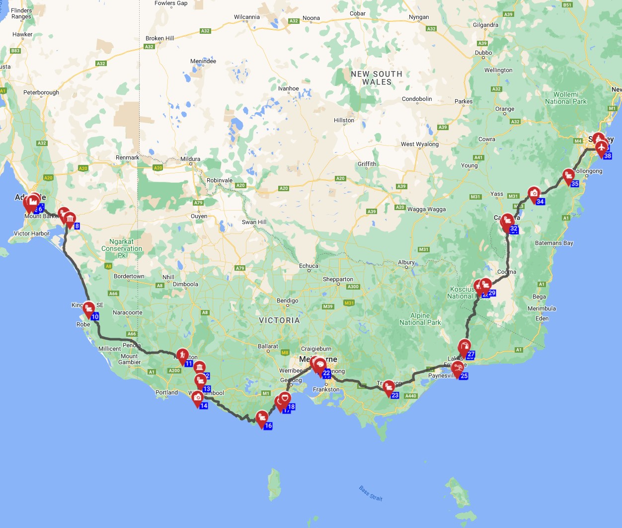 Map for Adelaide to Sydney - The Heritage and Horizons Tour